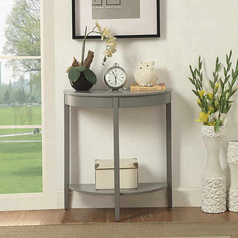 Console grise avec compartiment ouvert et pieds en bois de pin massif durable, parfaite pour les vestibules modernes et les salons.