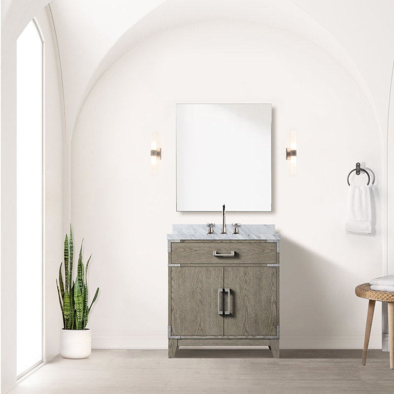 Meuble-lavabo simple en chêne gris 30 po Large avec comptoir en marbre, miroir 28 et robinet inclus, scellé pour un plateau Grace Grace, robinet, sophistication prolongée