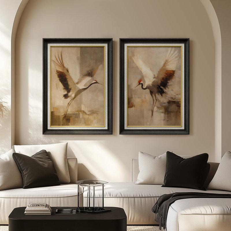 «Graceful Crane in Motion Elegant Neutral Wildlife Expression» - ensemble de 2 reproductions d'art encadrées de qualité supérieure sur papier 26 po x 36 po
