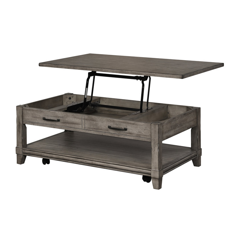 Table de cocktail à plateau relevable gris rustique avec tablette de rangement en bois massif et tablette, gris, 48,65 po Long