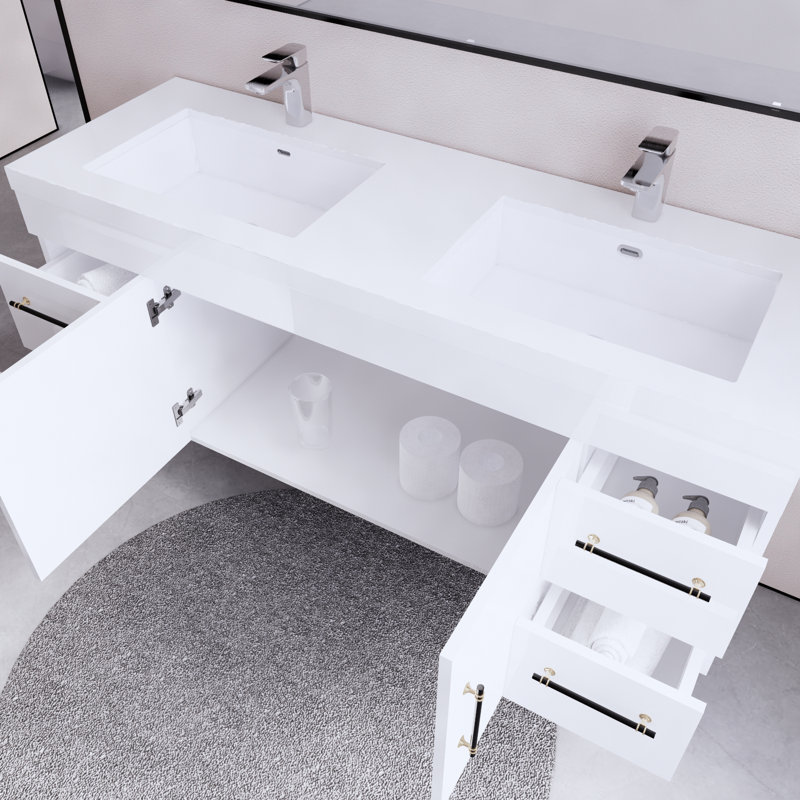 59.05'' Double Bathroom Vanity with Acrylic Top, White