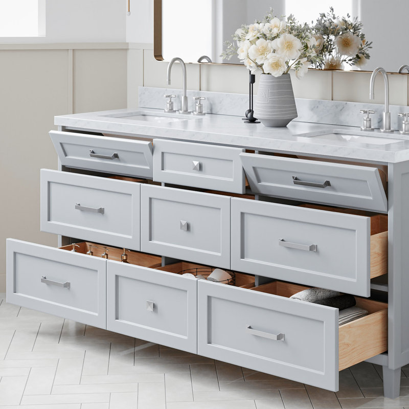 ARIEL Monroe 73 Double Sink Bathroom Vanity with Italian Carrara Marble Top, Gray