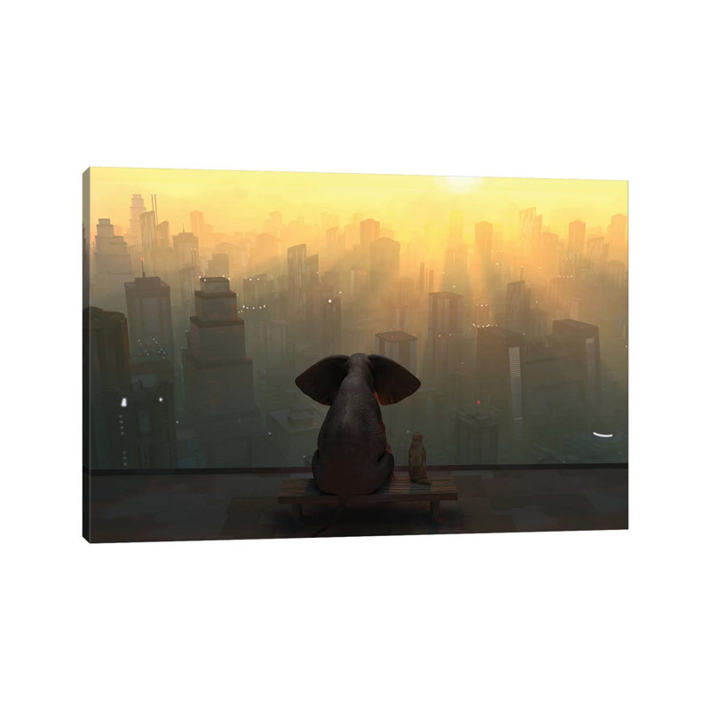 Elephant And Dog Sit On The Roof Of A Skyscraper by Mike Kiev - Wrapped Canvas Print, 20.32 cm H x 30.48 cm W