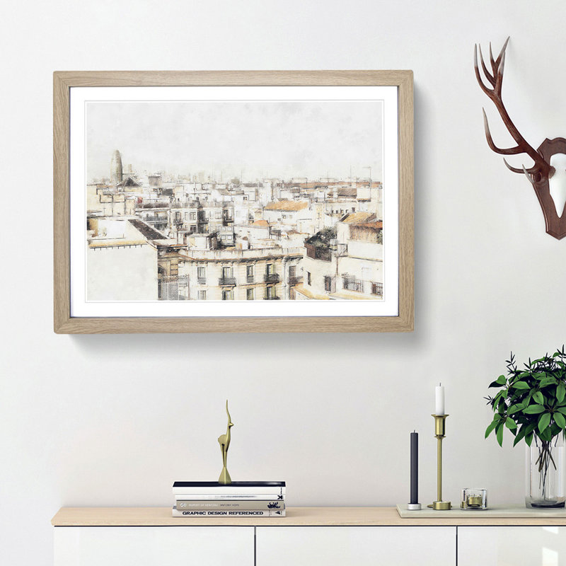 Rooftops in Barcelona Spain - Picture Frame Painting Print on MDF, Oak Framed, 24cm H x 33cm W x 2cm D