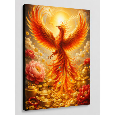 Large Chinese Feng Shui Wealth Phoenix with Golden Color Treasures Wall Art Canvas Print 24x36 Inch Prosperity Blessing Decor  for Living Room Home Decor - Ready to hang