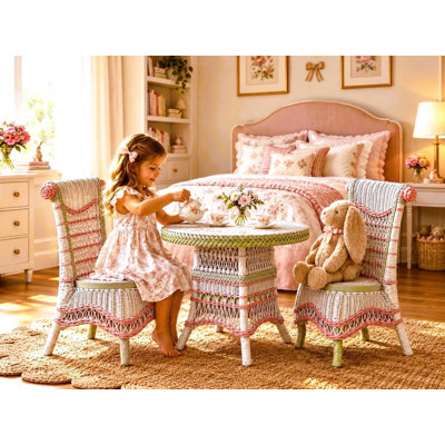 Peachy Pink and Green Wicker Tea Table and Chairs