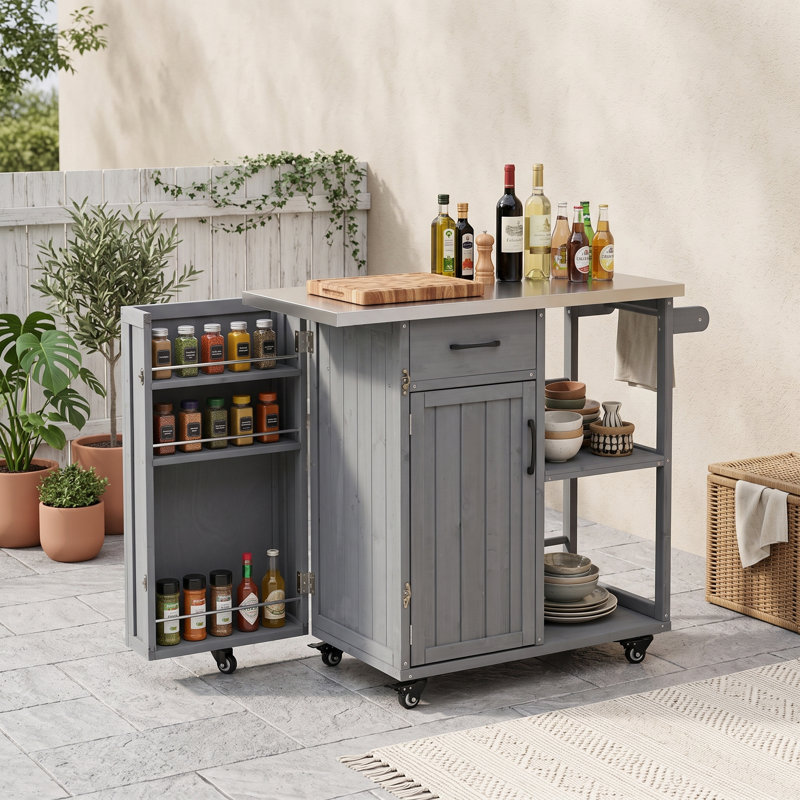Chariot pour îlot de cuisine extérieur avec plan de travail et rangement en acier inoxydable, Gris