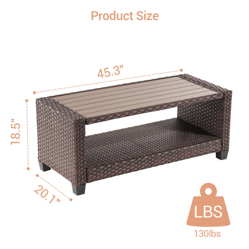 Asly Rectangular Metal Outdoor Coffee Table , 20.1'' in. W 45.3'' in. D, Brown