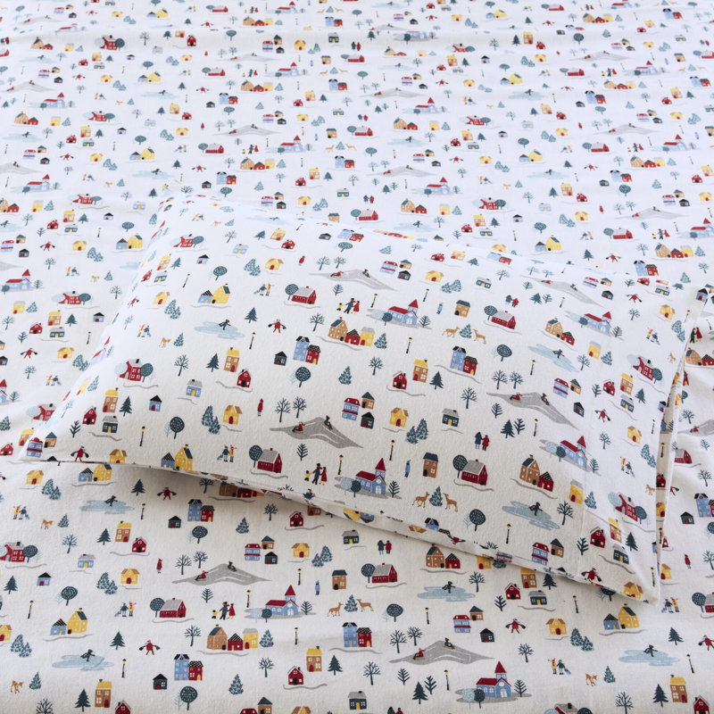 Ensemble de draps 4 pièces pour très grand lit, 100% flanelle de coton, imprimé blanc village, douillet et ultra doux, lavable à la machine