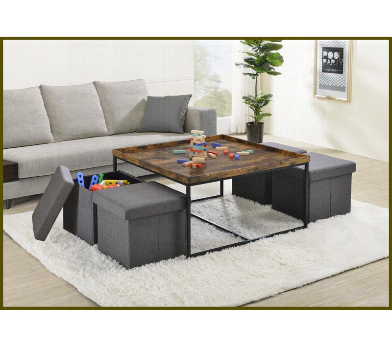 Ensemble de tables basses 35 po avec 4 tabourets de rangement en grain de bois vieilli 35 po avec bords surélevés et peu encombrant pour le salon
