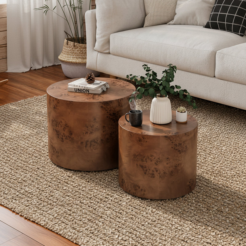 Modern Round Nesting Coffee Table Set of 2 - Wooden Burl Drum Accent Tables for Living Room, Bedroom & Small Spaces, Dark Brown