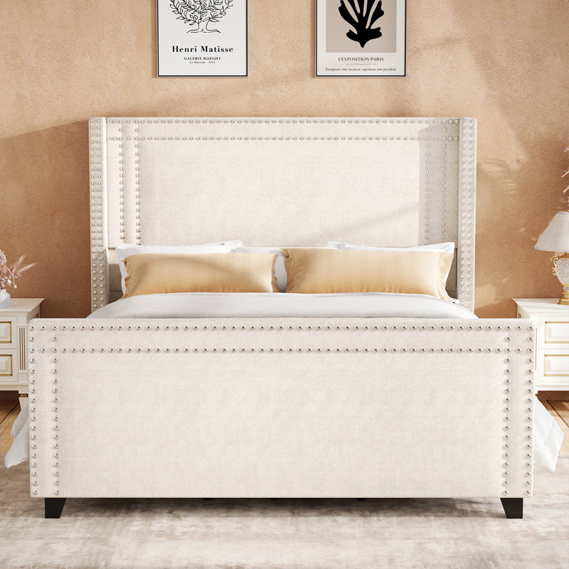 Bed Frame, Chenille Upholstered Platform Bed with Double-row Nailhead Design, Cream, Queen