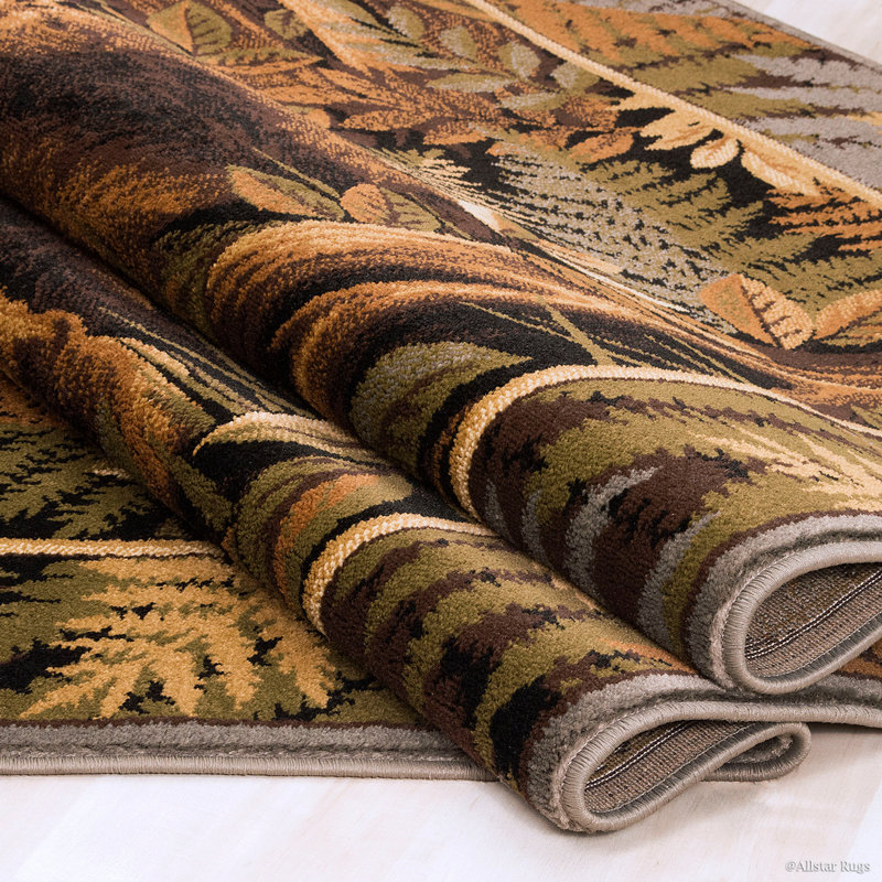 Brown and Green Bear Print Synthetic 5' x 7' Rug