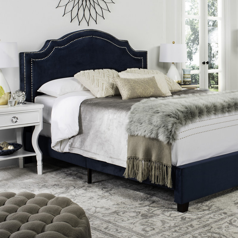 Upholstered Standard Bed, Navy/Silver, Queen