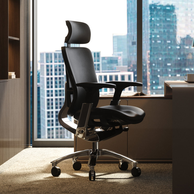 Fauteuil de bureau en cuir véritable, cuir de vache, fauteuil de direction ergonomique pour chef, avec base dorée, accoudoir réglable, appui-tête, soutien lombaire et dossier inclinable - Luxe et commercial