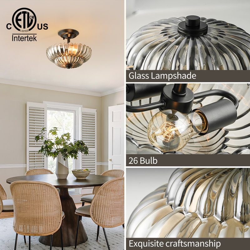 3-Light Smokey Grey Fluted Glass Semi-Flush Mount - 12in,Matte Black, 9.84" H x 11.81" W x 11.81" D