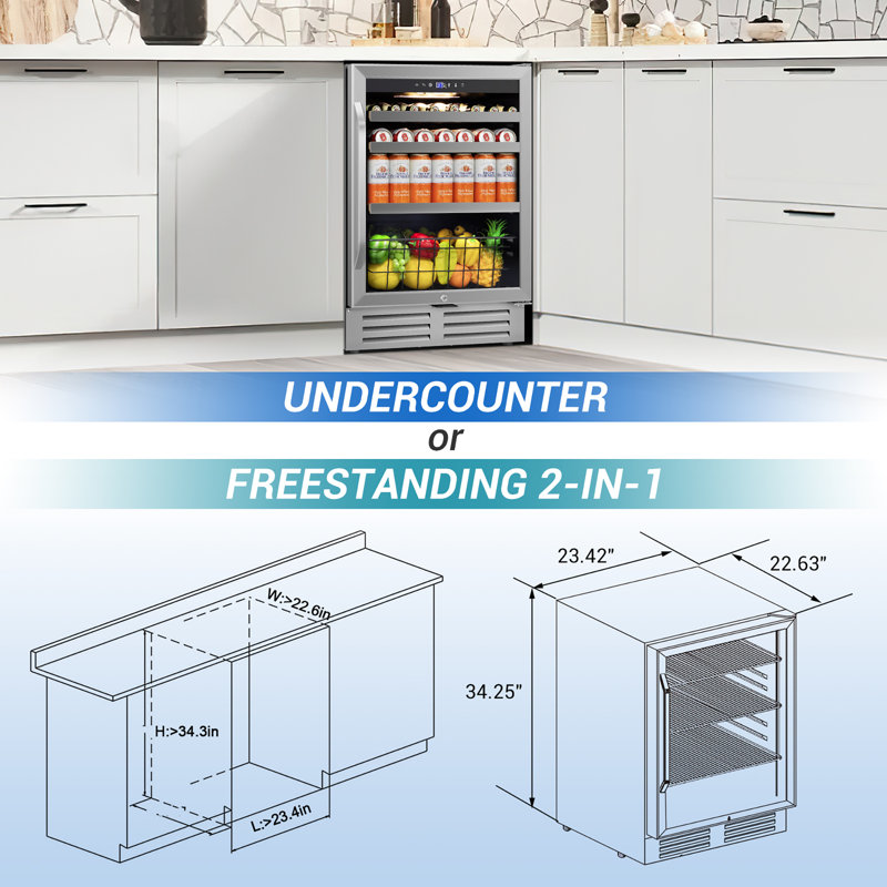 24" Beverage Refrigerator Cooler Under Counter, 180-can Capacity, 24 Inch Wide Built-in Beer & Drink Fridge With Glass Door With Metal Basket