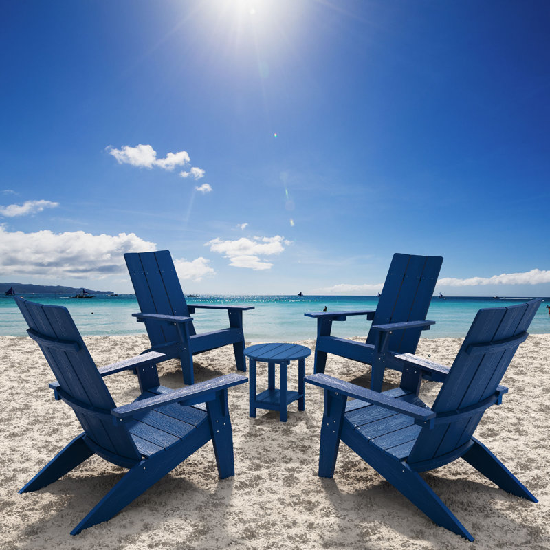All Weather Outdoor HIPS Plastic Adirondack Chair Fire Pit Chairs With Table Oversized 4 Patio Chairs with 1 Table, Navy Blue