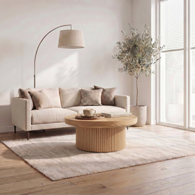 Table basse 33,5 po ronde cannelée avec plateau en bois véritable et base cylindrique, plateau de table épaissi, table basse Mid-Century moderne pour salon, petit espace, bois naturel