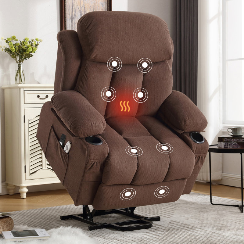 Fauteuil inclinable Power Lift avec chauffage, massage et port USB, Velours brun