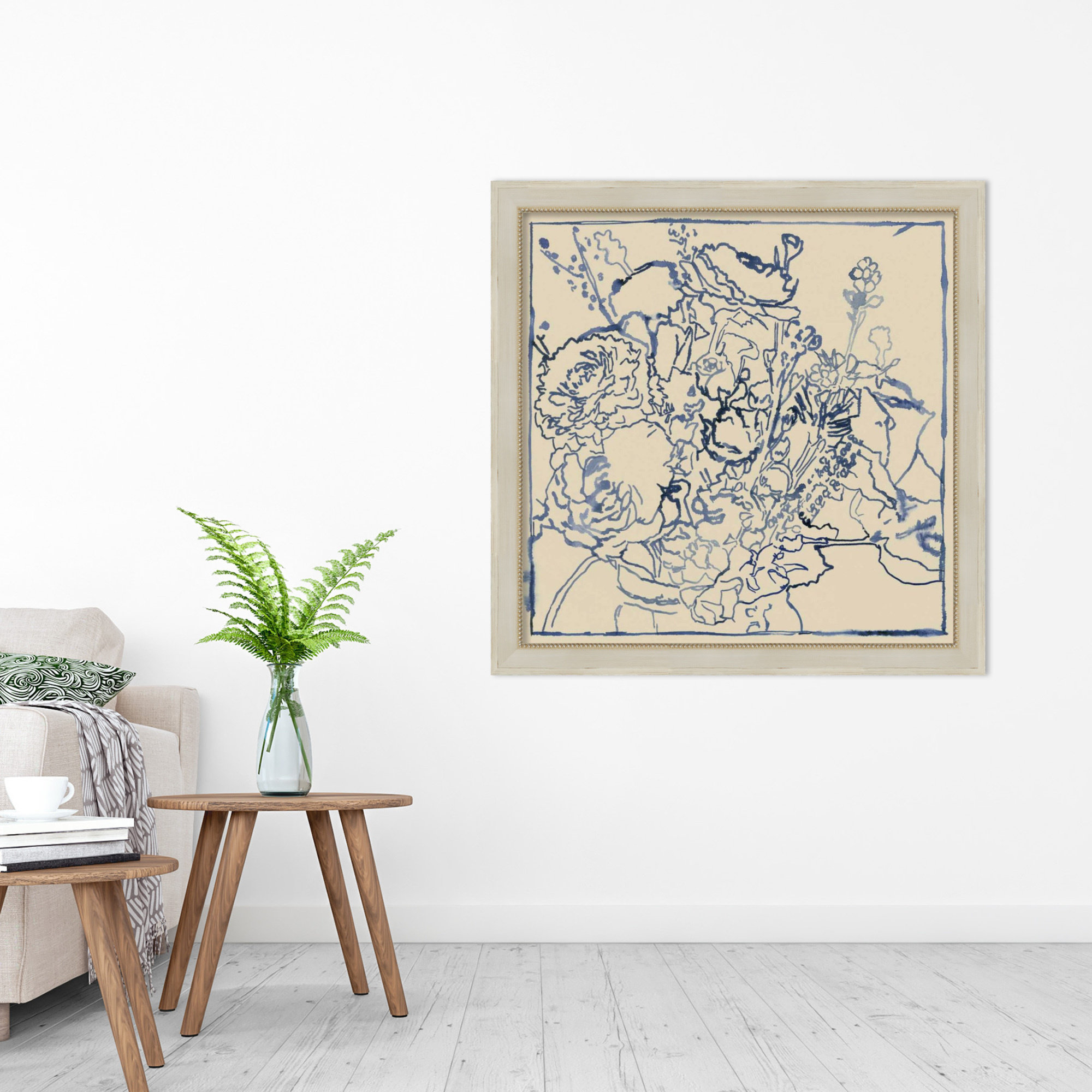 Indigo Floral Sketch by Megan Meagher, 36" W x 36" H, Cream