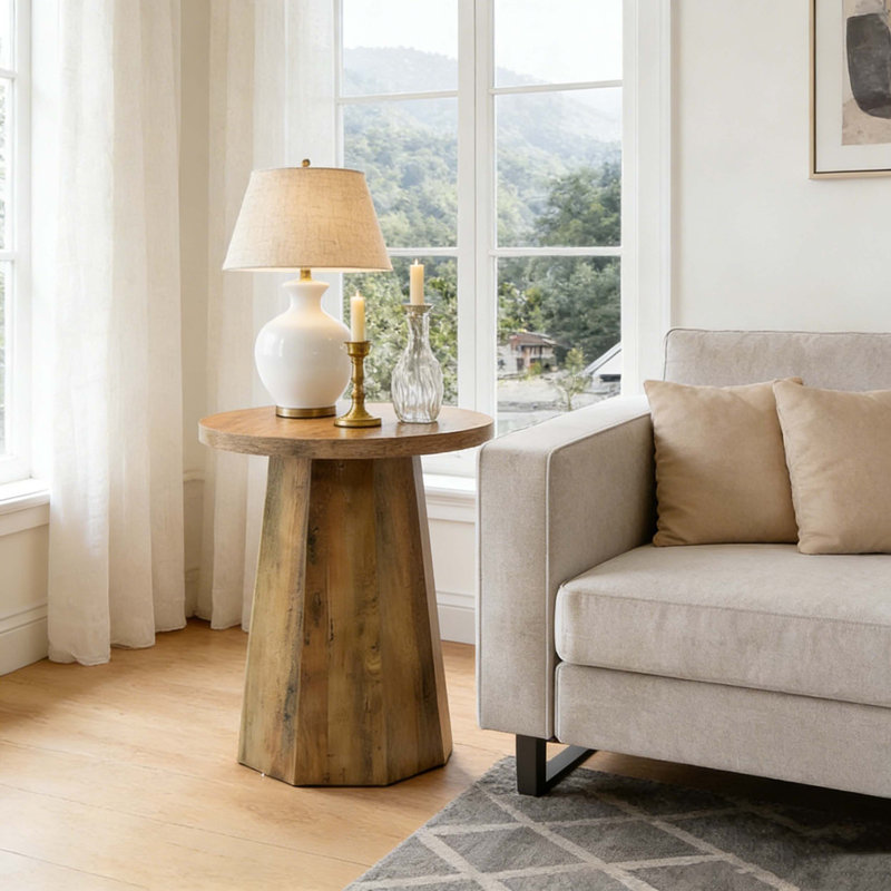 Wooden Round Couch Side Table with Octagonal Base, Brown