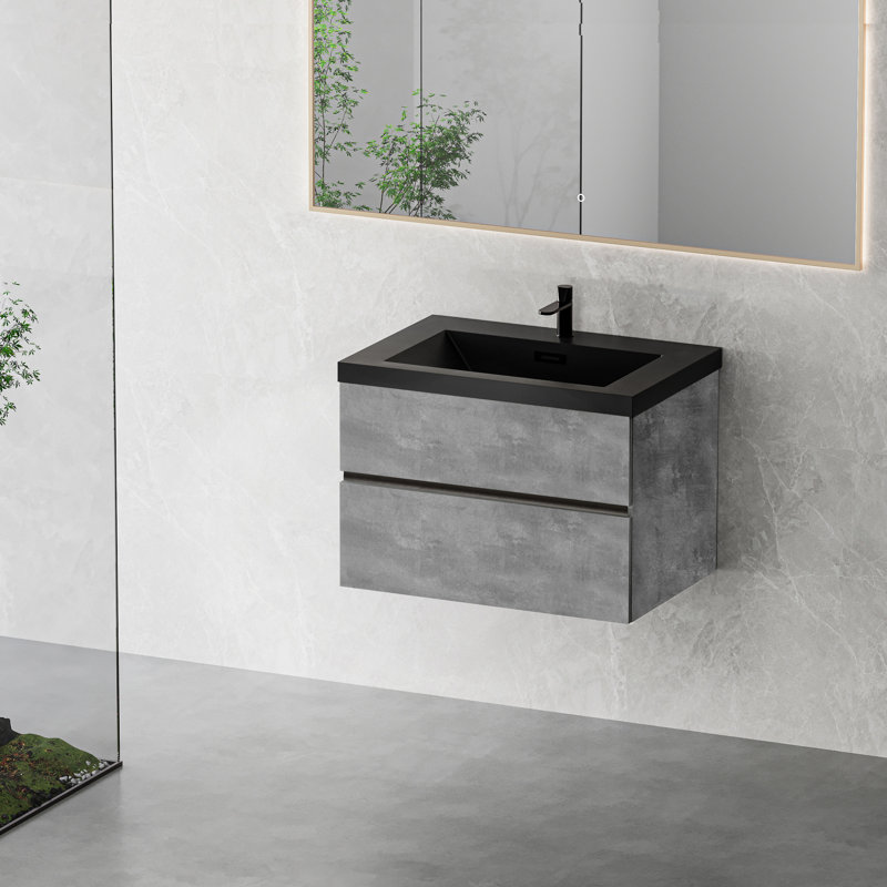 Meuble-lavabo flottant mural en ciment gris de 30 po, lavabo à sable en quartz noir, tiroirs à fermeture en douceur, peu encombrant et compatible avec les robinets monotrou