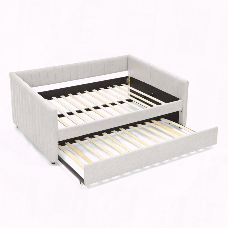 Upholstered Daybed Trundle Sofa Bed Vertical Stripes, Full, Beige