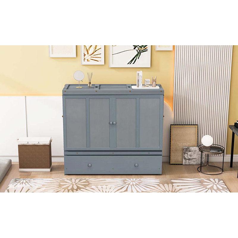 Lit escamotable avec port USB et grand tiroir, Gris, Lit double