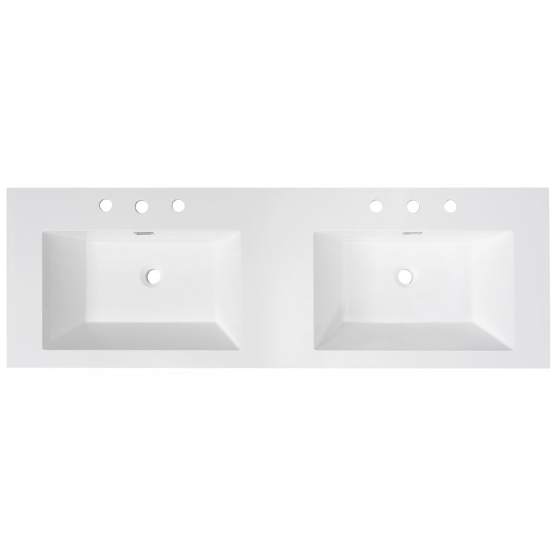 Lavabo en résine 60 po pour meuble-lavabo de salle de bain, avec lavabos doubles encastrés rectangulaires, trous de robinet de 8 po, comptoir de meuble-lavabo seulement, blanc éclatant