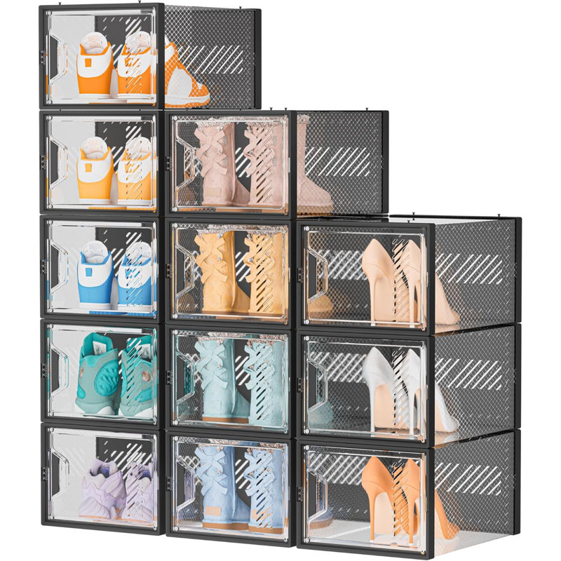 Large Shoe Storage Box,12 Pcs Shoe Box Plastic Stackable, Shoe Organizer Containers With Lids,Fit UK 12, Black