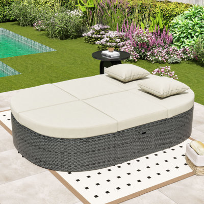 Adjustable PE Rattan Outdoor Daybed with Comfortable Cushions and Convenient Side Trays by Latitude Run