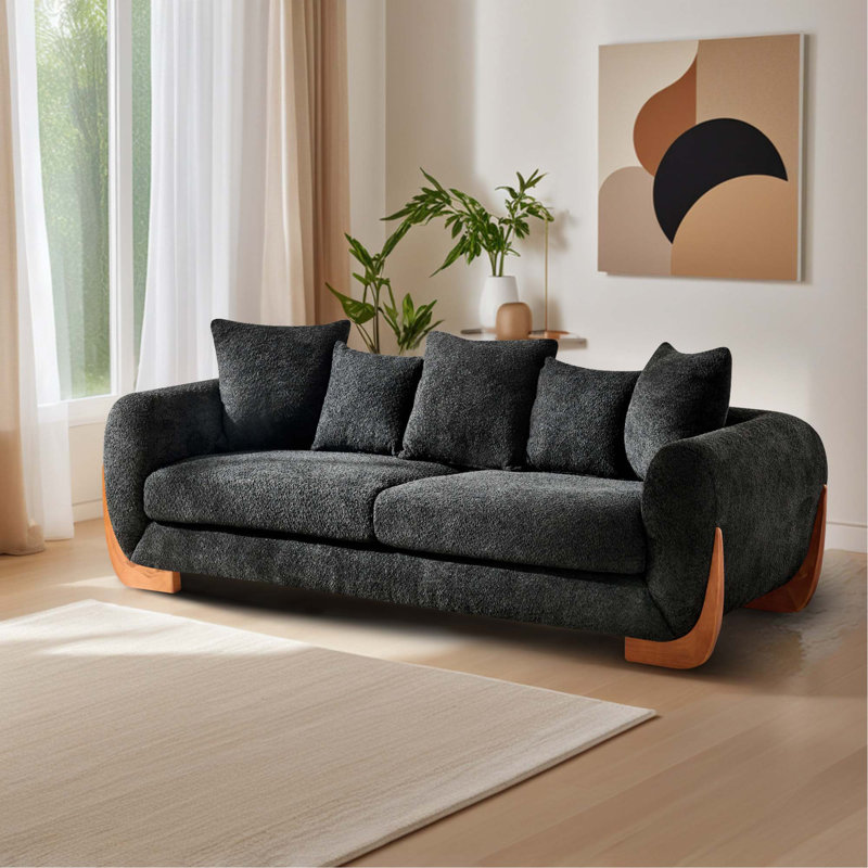 Canapé 3 places moderne et élégant avec pieds en bois, 5 coussins confortables en laine d'agneau pour le salon, la chambre à coucher, un appartement, noir