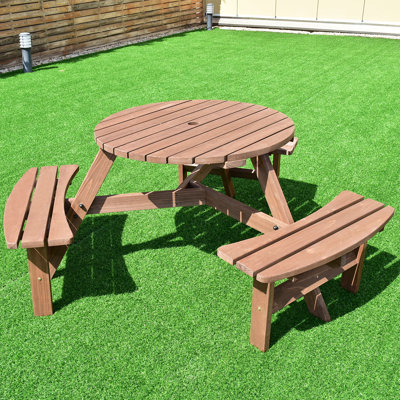 Giao 66.9 In. Round Solid Wood Outdoor Picnic Table Bench Set With Umbrella Hole by Red Barrel Studio