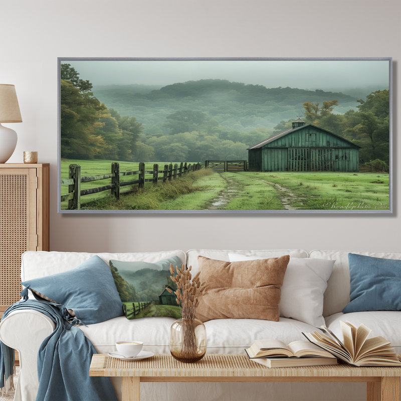 Green Summer Barn Farming Heritage - Art mural de grange, Toile argentée avec cadre flottant, H 28 po x l 60 po x P 1,5 po