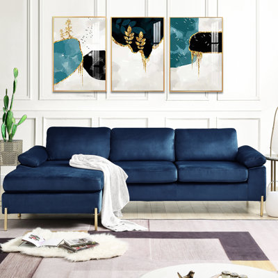 L Velvet Blue With Chaise, L-shaped Sectional, Solid Wood Frame On Metal Legs Gold Finish, Pillow Arms, Removable Back And Seat Foam-filled Cushions, 100.99 In Wide, 50.18 Deep, 33.19 High