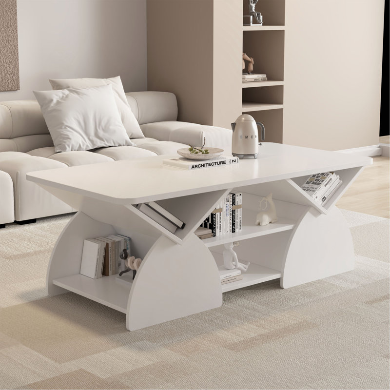 Table basse de coin rectangulaire en bois d'ingénierie pour le salon, table de rangement facile à assembler avec tablettes ouvertes, cadre robuste pour la salle de réception, table basse moderne à motif géométrique