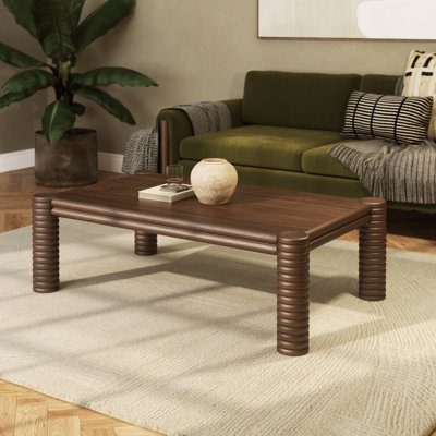 Ellis Walnut Acacia Coffee Table Mid-Century Modern Rectangular Table With Fluted Legs And Rounded Edges For Living Room
