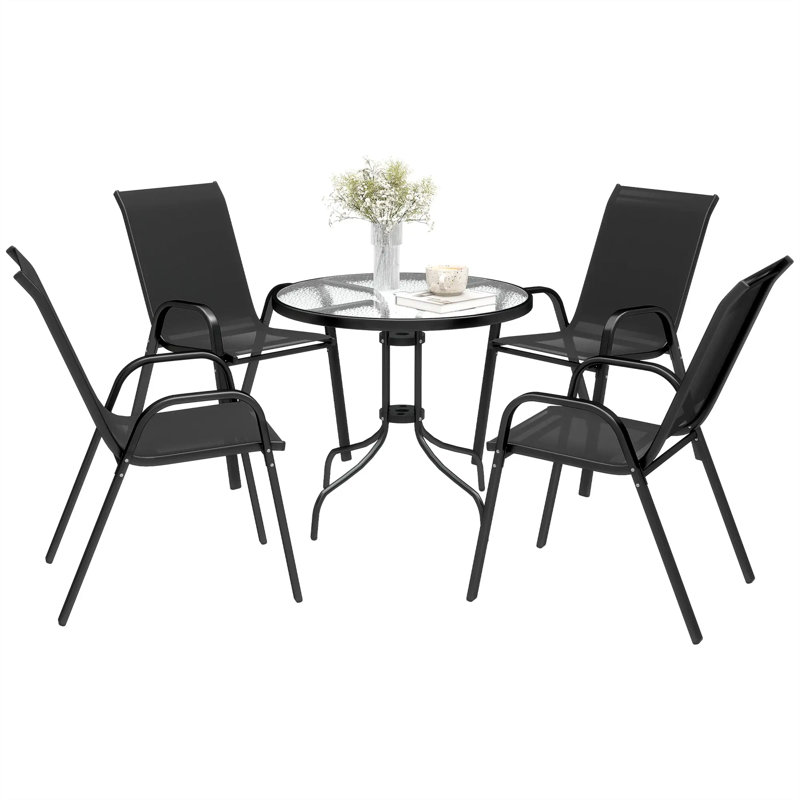 Five-Piece Steel Patio Set, with Glass-Top Table, Black
