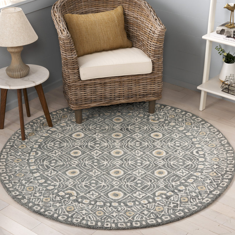 Tapis gris en laine et coton touffeté à la main Marentic, Rond 5 pi