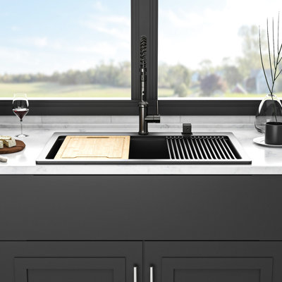 Évier de cuisine en granite noir 33 x 22 po, station de travail, lisse et silencieux, non poreux pour garder propre, livré avec un support de séchage en composite, surface, grille de fond facile à nettoyer