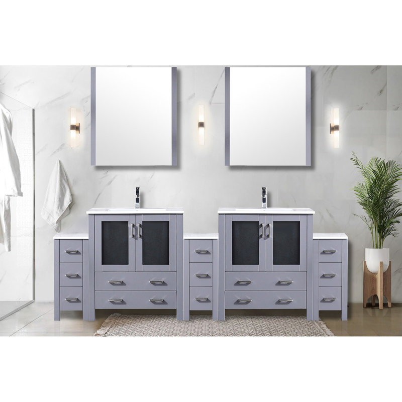 Meuble-lavabo double gris foncé de 96 po L, armoires latérales, comptoir en céramique blanche, 28 miroirs et robinet à un trou, teinture longue durée pour salle de bain avec surface résistante