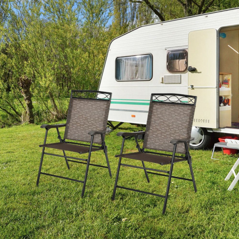 Set Of 2 Patio Folding Chairs Sling Portable Dining Chair Set With Armrest