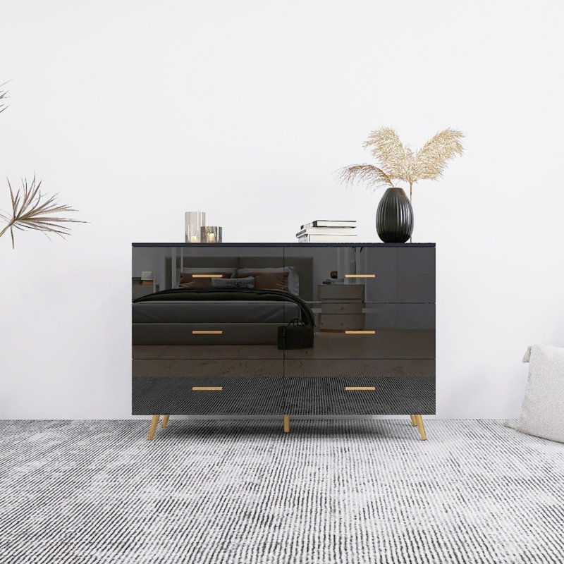 Commode 6 tiroirs très brillante avec poignée dorée et pieds en acier doré, Noir