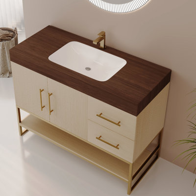 Meuble-lavabo de 36 po avec cadre en acier au fini doré, lavabo en céramique sans soudure et rangement organisé dans les tiroirs avec bassin contemporain, cadre de finition, espace supplémentaire