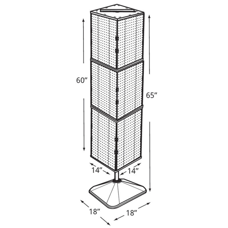 Présentoir de plancher à quatre côtés en panneau perforé sur base pivotante. Support à roulettes. Taille du panneau: l 14 po x H 60 po