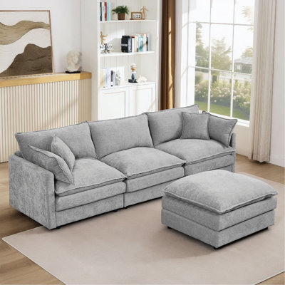 Modular Sectional Sofa, 102 Inch L Shaped Couch Set For Living Room, 3-Seater Comfy Cloud Couches With Movable Ottoman, DIY Combination, Chenille, Bei