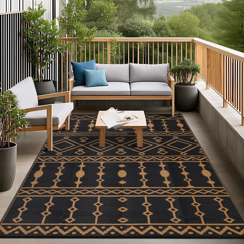 Outdoor Rug 8x10 FT, Waterproof Plastic Reversible Rug, Outdoor Plastic Straw Rug for Camping, Floor Mat for Outdoors, RV, Patio, Backyard, Deck, Picnic, Black & Brown