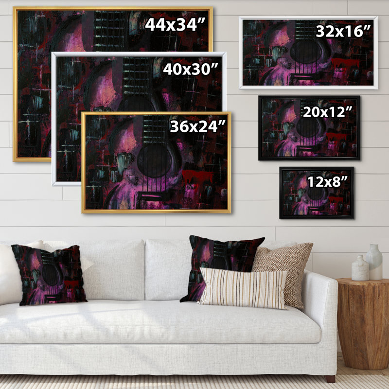 «Purple Music Guitare Ii», reproduction d'art sur toile moderne, H 30 po x l 40 po x P 1,5 po, Cadre flottant blanc