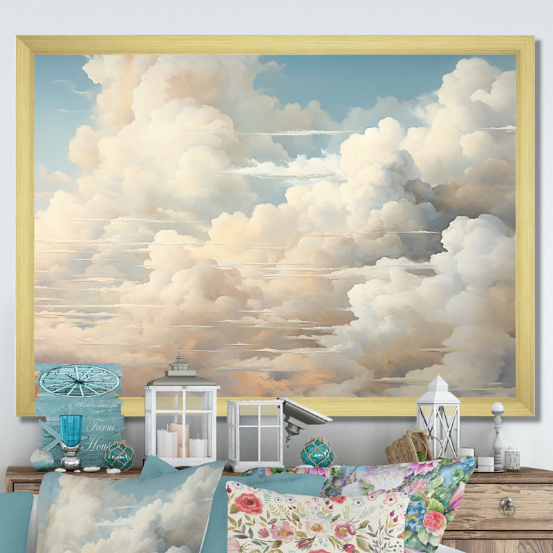 " Beige Minimalism Clouds II ", 12" H x 20" W x 1" D, Gold Picture Framed